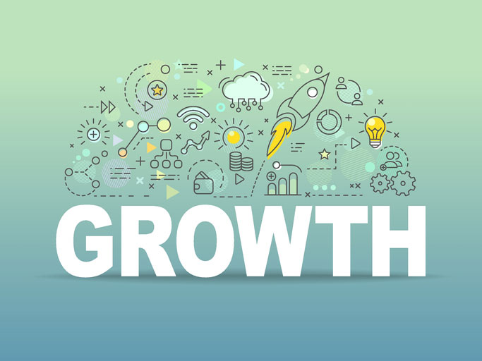 White bold text "GROWTH" at the bottom with a stylized line drawing of a rocket and various technology and innovation symbols above, against a gradient blue-green background.