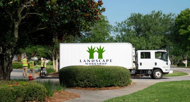 landscape workshop van with shrubbery and workers